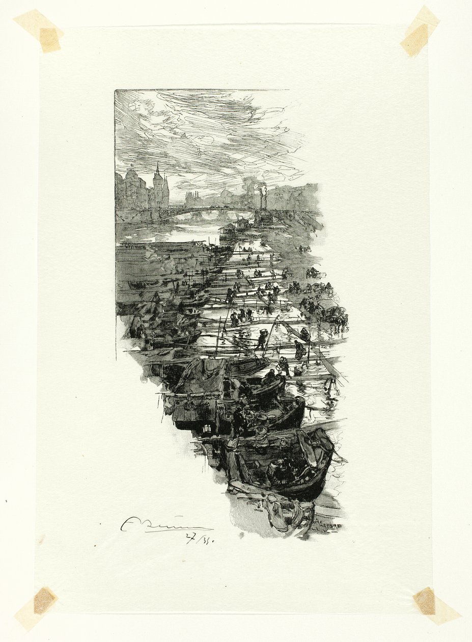 Mercado da Maçã, visto da Ponte Louis-Philippe, placa sete de Le Long de la Seine et des Boulevards de Louis Auguste Lepère