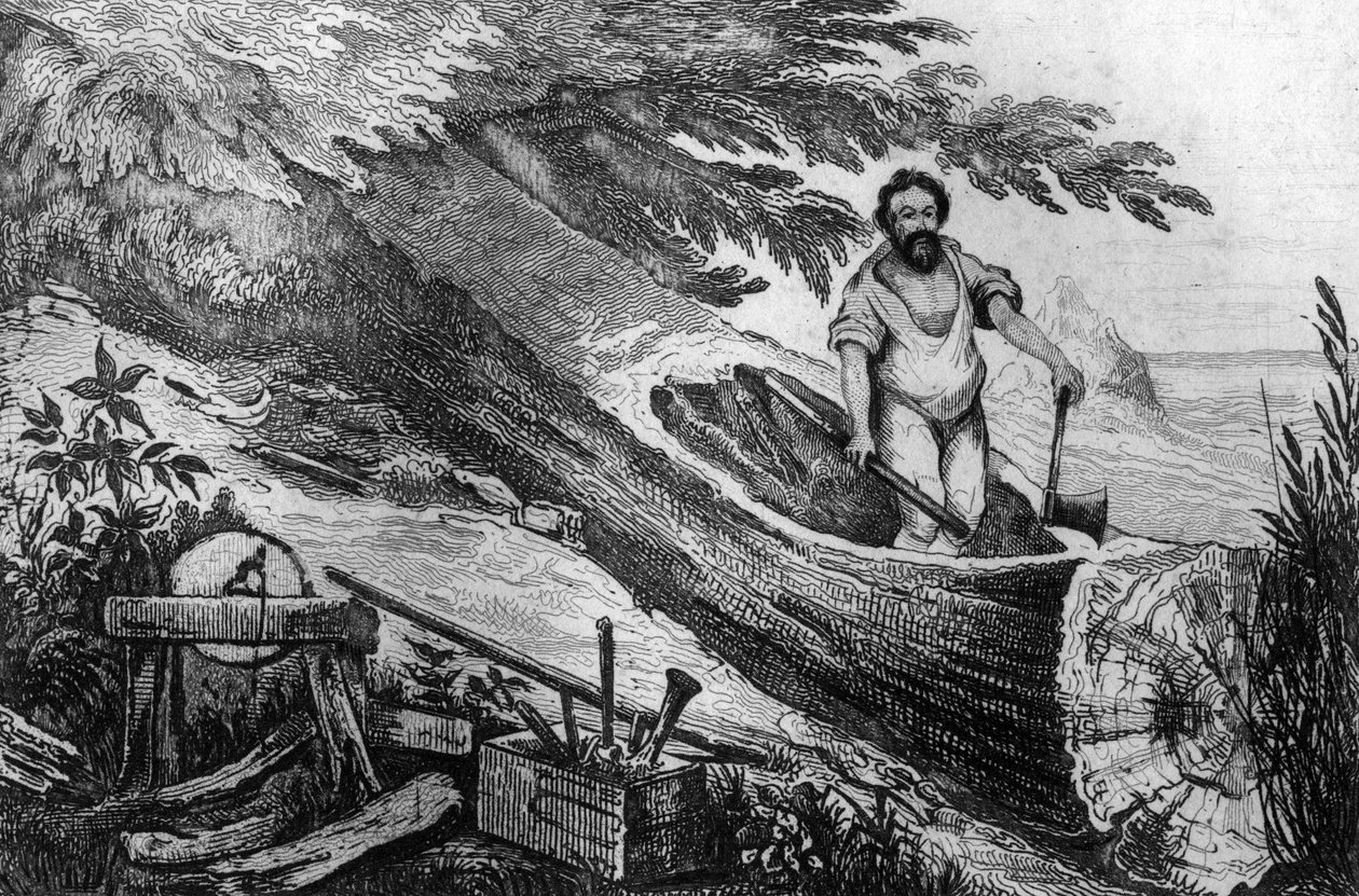 Eu o cavei sem a ajuda de gravura de fogo depois do desenho de M. de Sainson para o Livro de Daniel Defoe (De foe) "Robinson Crusoe" edição francesa de 1837. de Louis Auguste de Sainson