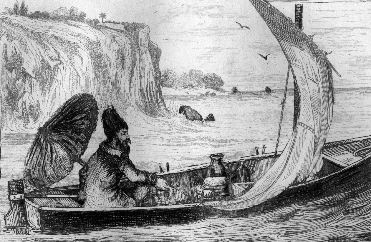 Fui impulsionado pela gravura atual depois do desenho de M. de Sainson para o Livro de Daniel Defoe (De foe) "Robinson Crusoe" edição francesa de 1837. de Louis Auguste de Sainson