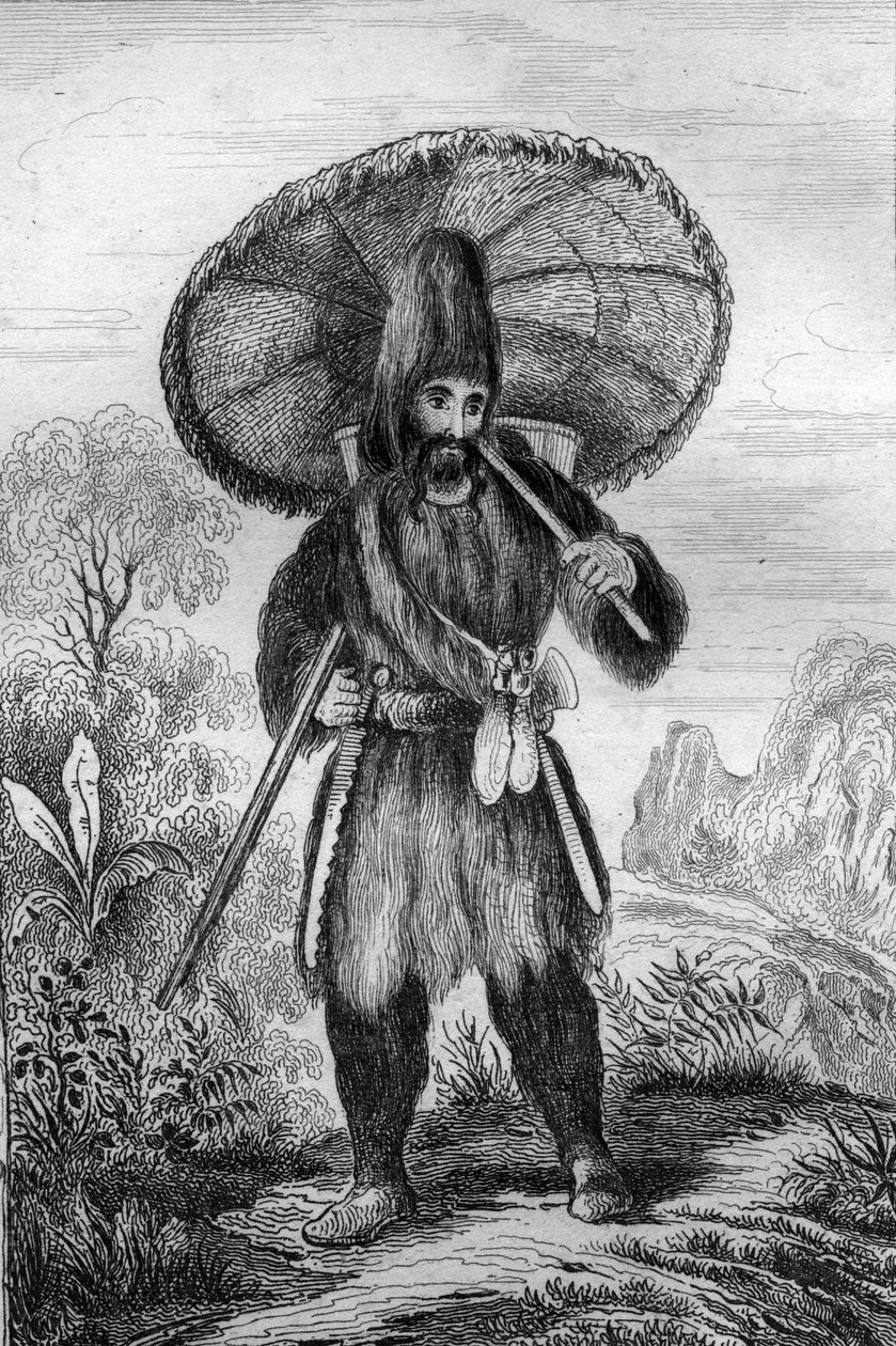 Eu estava usando um chapéu de altura... gravando depois do desenho de M. de Sainson para o Livro de Daniel Defoe (De foe) "Robinson Crusoe" edição francesa de 1837. de Louis Auguste de Sainson