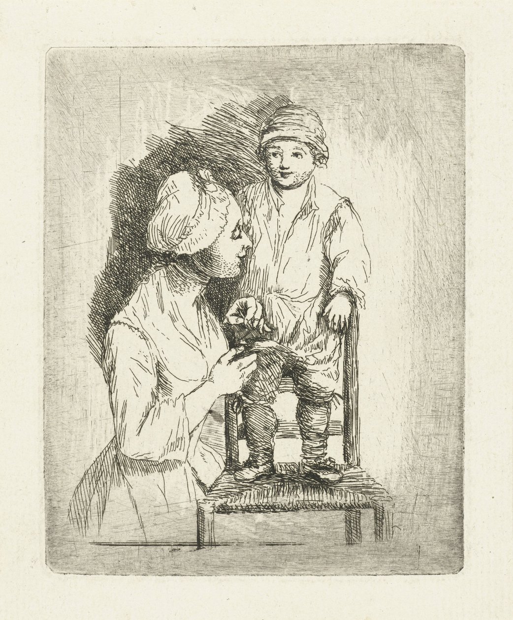 Uma mãe abotoa as calças do filho de Louis Bernard Coclers