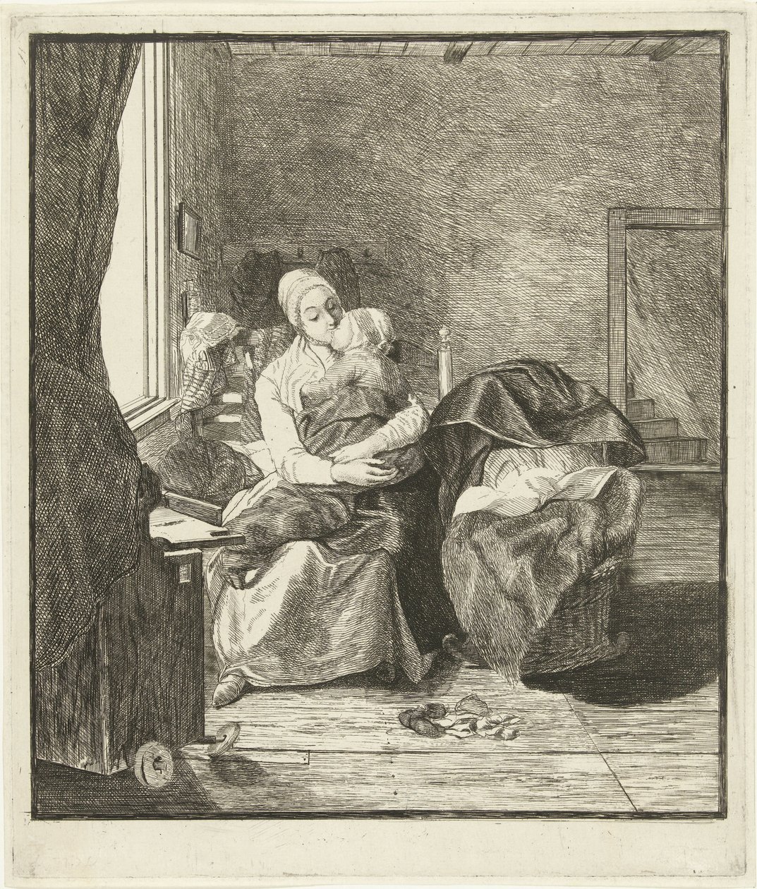 Mãe com criança a dormir em frente à janela de Louis Bernard Coclers