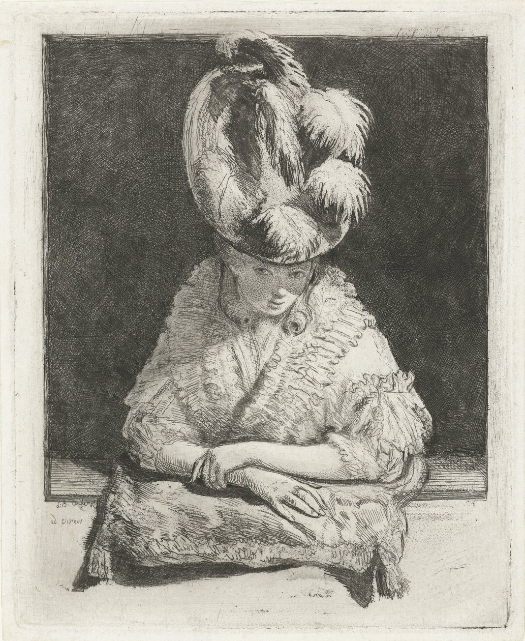 Retrato de uma jovem mulher com chapéu a olhar pela janela de Louis Bernard Coclers