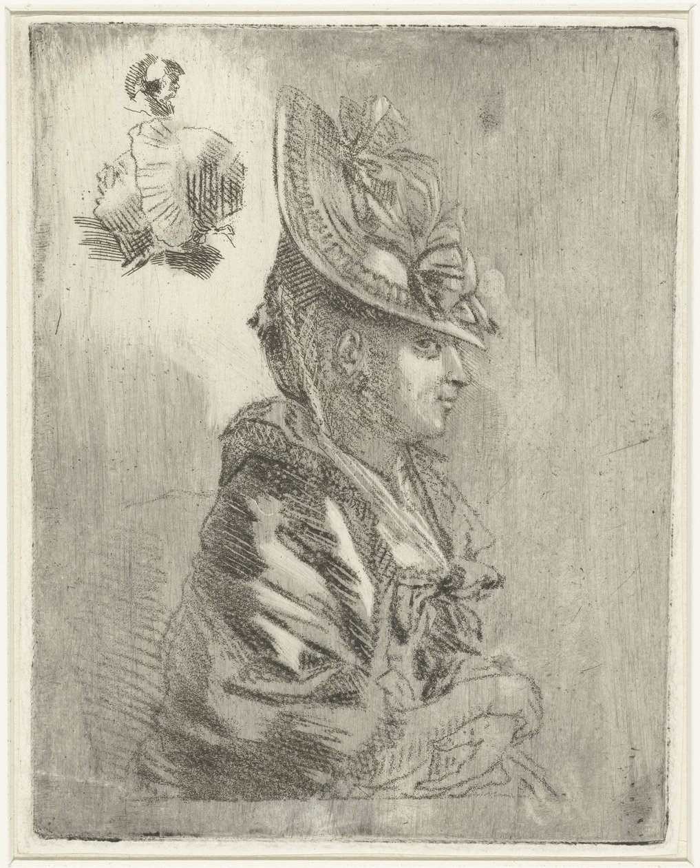 Folha de estudo com o retrato de uma jovem com chapéu e dois retratos menores de Louis Bernard Coclers