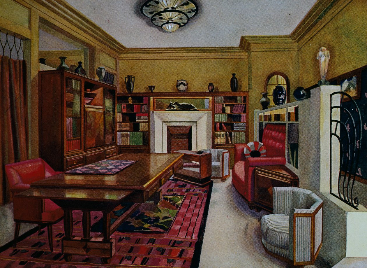 Sala de estudos de Leon Bouchet (1880-1940), aguarela Libis para Le Confotable, França, século XX de Louis Bouchet