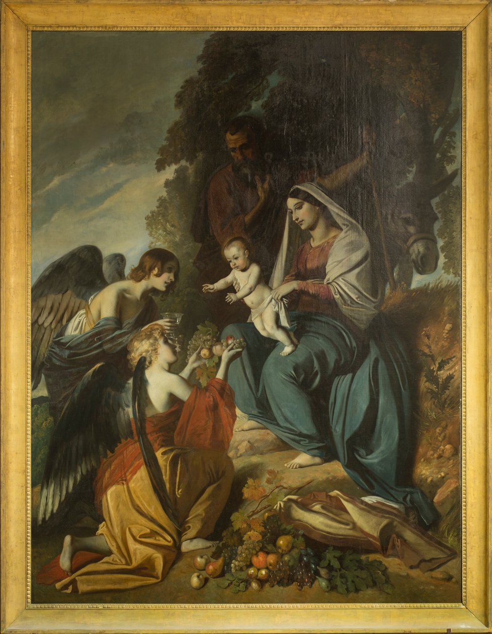 Anjos alimentando a Sagrada Família. Óleo sobre tela de Louis Boulanger (1806-1867), nave da Catedral de Sens de Louis Boulanger