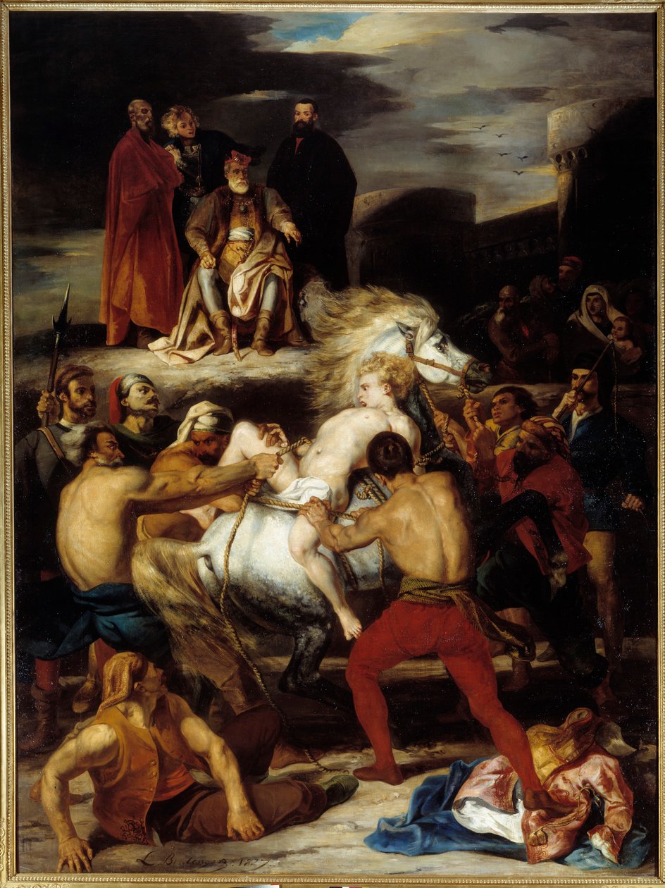 O tormento de Mazeppa. Mazeppa está amarrado a um cavalo selvagem por ordem do Conde Palatin, a quem ele insultou. Ilustração para o poema de Lord Byron "Mazeppa". Pintura de Louis Boulanger (1806-1867) de Louis Boulanger