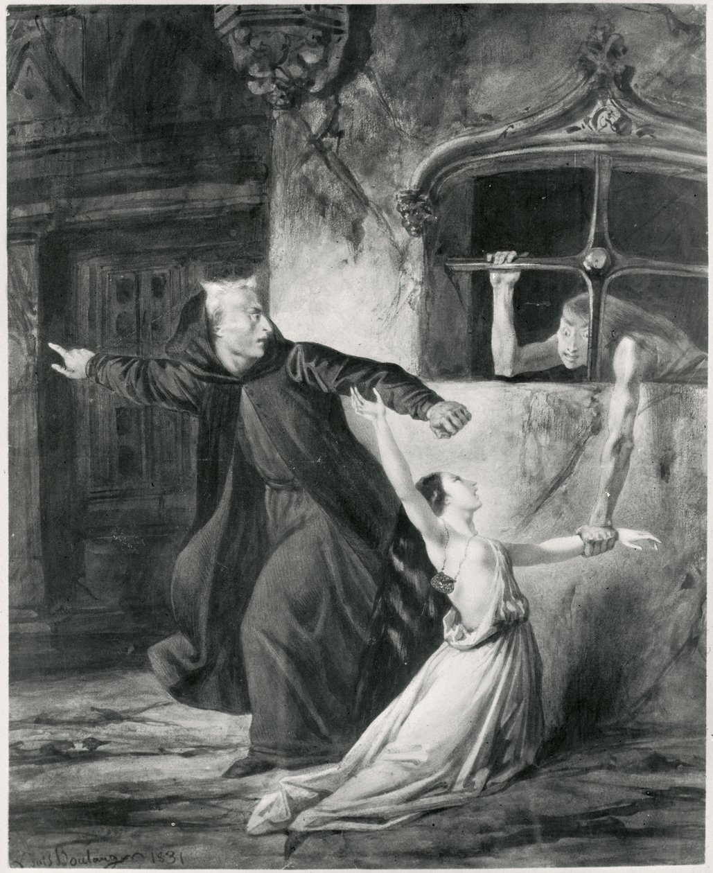 Sachette, Esmeralda e Claude Frollo, ilustração de "O Corcunda de Notre Dame" por Victor Hugo (1802-85), 1831 (bw) de Louis Boulanger