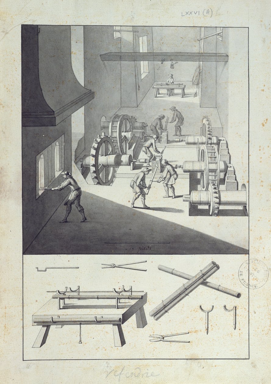 Fabrico de canhões, desenho para a &39;Description des Arts et Métiers&39;, de L. Simonneau, que inspirou Diderot para a Encyclopédie de Louis Bretez