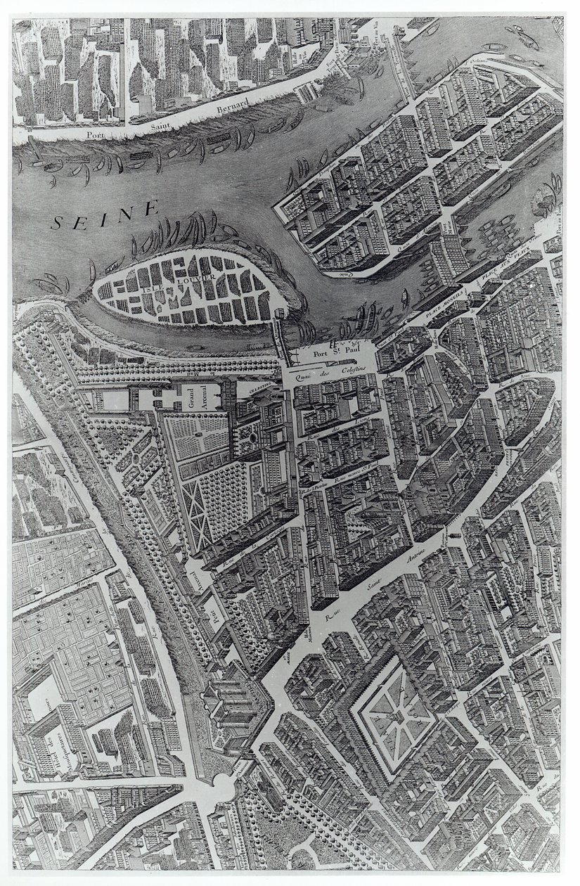 Plano de Paris, conhecido como o "Plano de Turgot", gravado por Claude Lucas, 1734-39 (gravura) (foto bw) (detalhe) de Louis Bretez