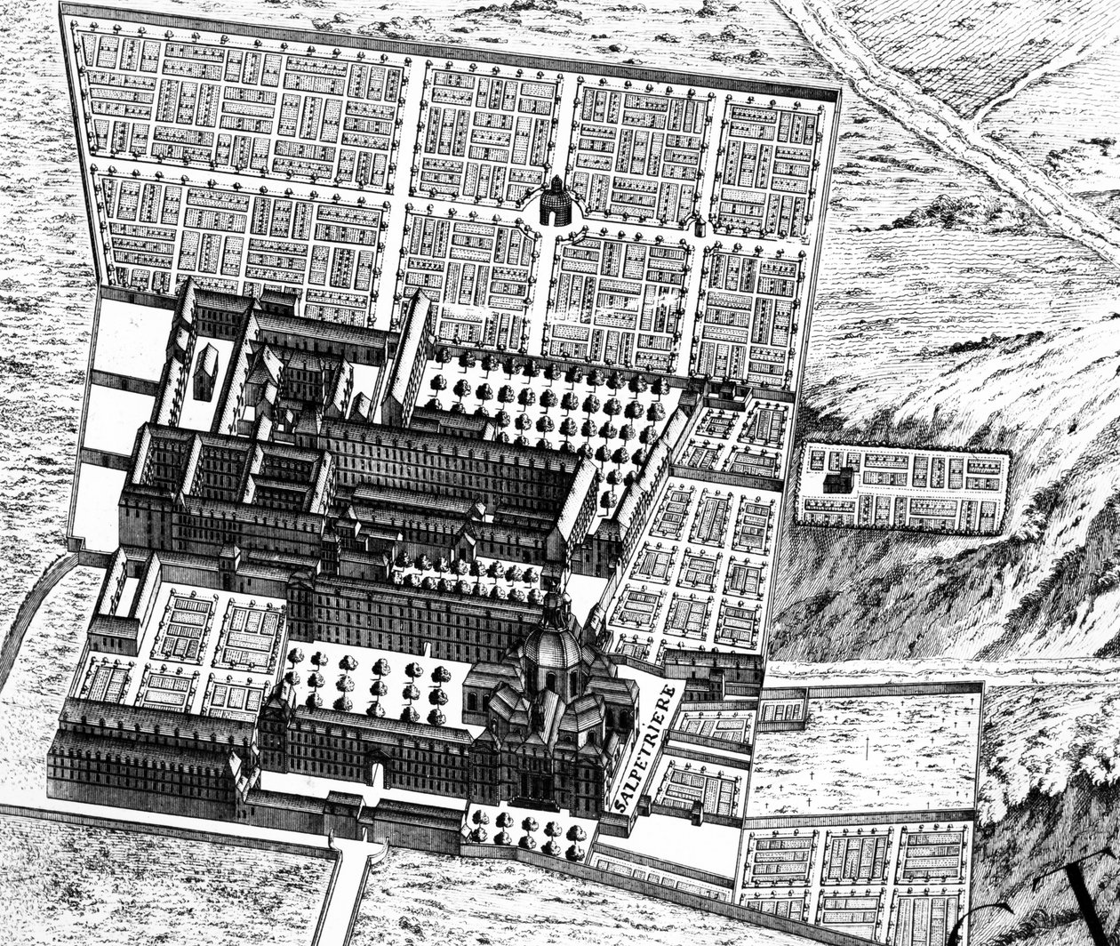 O Hospital de La Salpêtrière, detalhe do Plano de Paris, conhecido como o Plano de Turgot, gravado por Claude Lucas, 1734-39 detalhe da gravura de 233535 de Louis Bretez