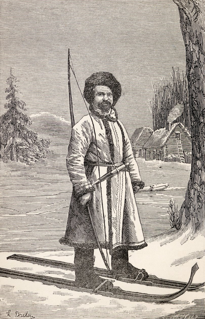 Um nativo de Votiak, Rússia, de "De Paris a Pequim sobre as Neves Siberianas" por Victor Meignan, gravado por Smeeton-Tilly (Burne Smeeton (fl.1840-60) e Auguste Tilly (d.1898)), publicado em 1889 (gravado de Louis Breton
