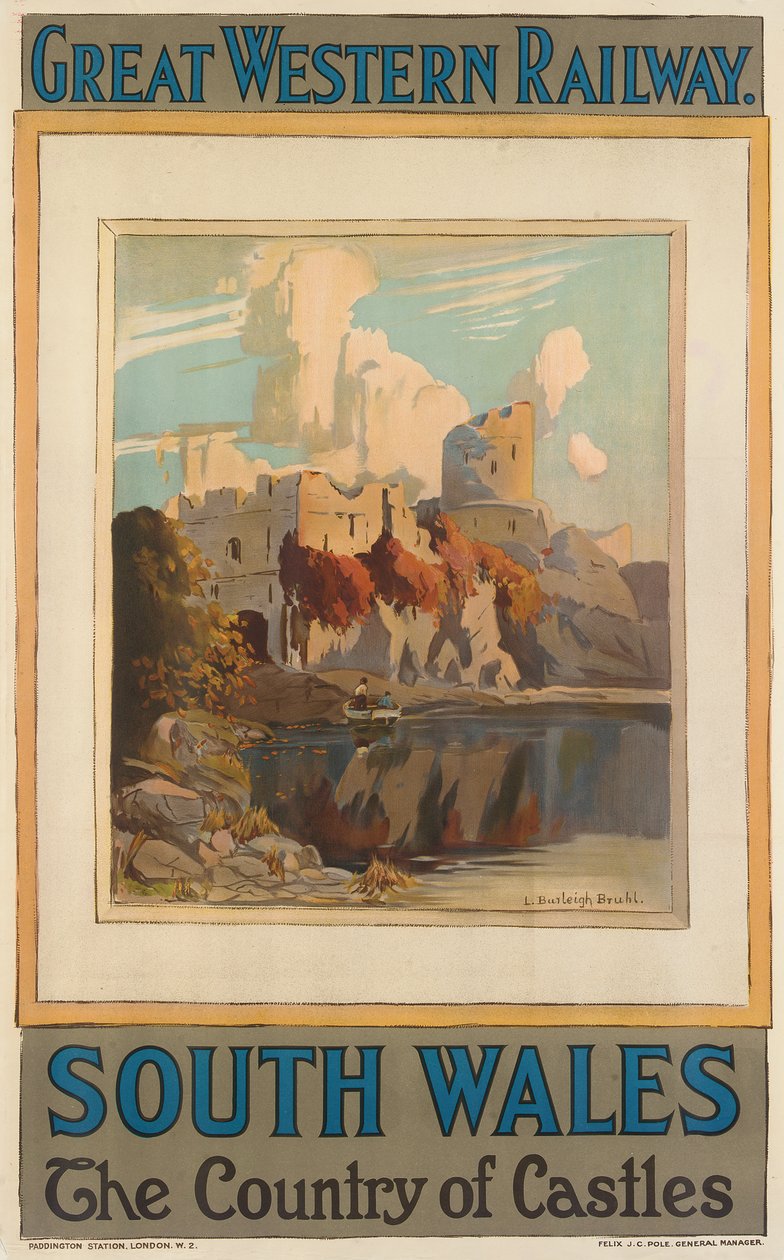 &39;South Wales&39;, pôster anunciando a Great Western Railway (cor lito) de Louis Burleigh Bruhl