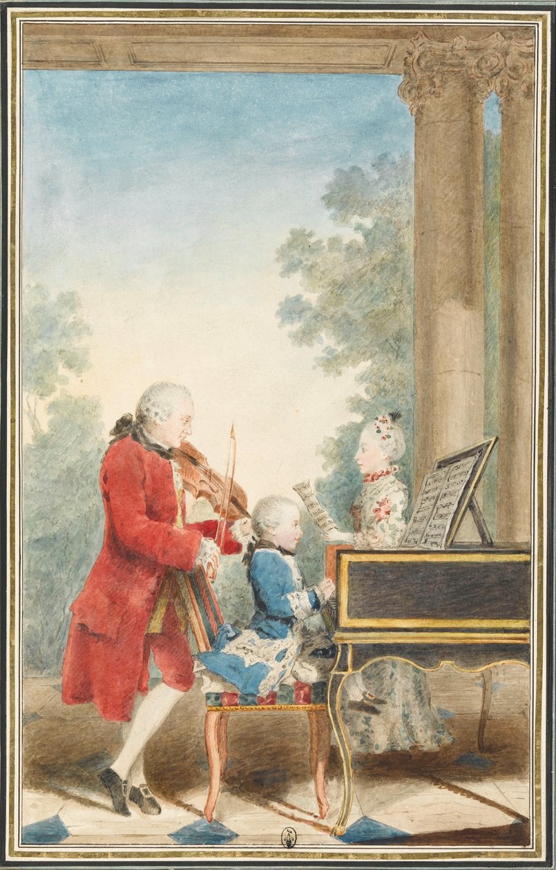 Retrato de Wolfgang Amadeus Mozart (Salzburgo, 1756-Viena, 1791) a tocar em Paris com o seu pai Jean-Georg-Léopold e a sua irmã Maria-Anna. de Louis Carrogis Carmontelle