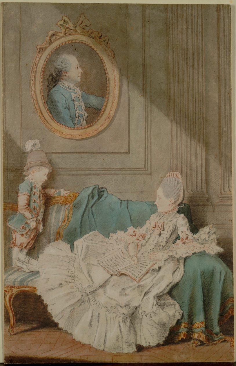 Madame Millin du Perreux e seu filho, com um retrato pintado ..., c. 1760 de Louis Carrogis dit Carmontelle