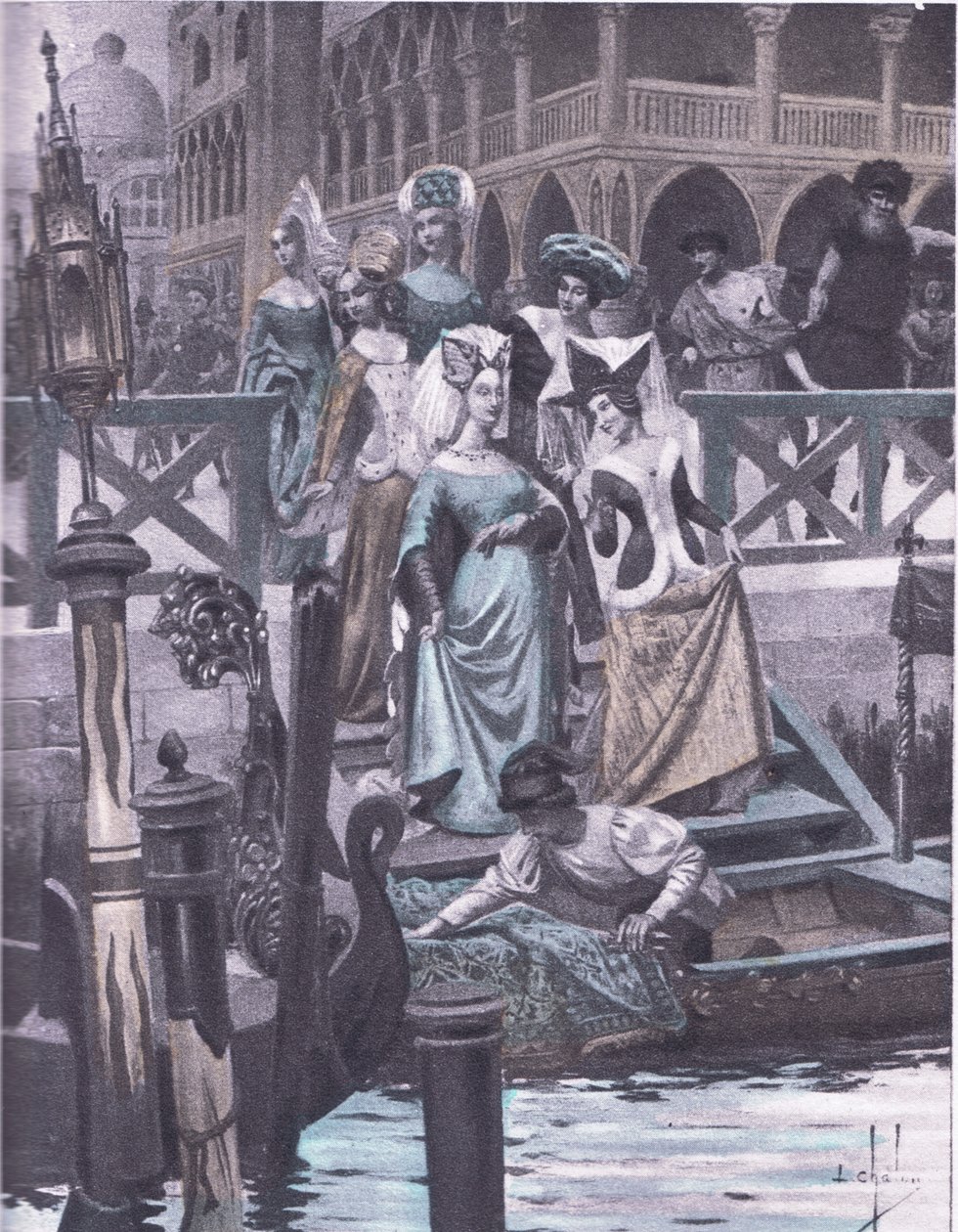 Gansos verdes, ilustração de Decameron de Boccaccio publicada pela Sociedade Navarra dos anos 30 (litho) de Louis Chalon