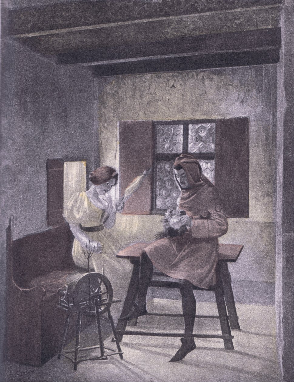 Simona spinning, ilustração de Decameron de Boccaccio publicada pela Sociedade Navarra dos anos 30 (litho) de Louis Chalon