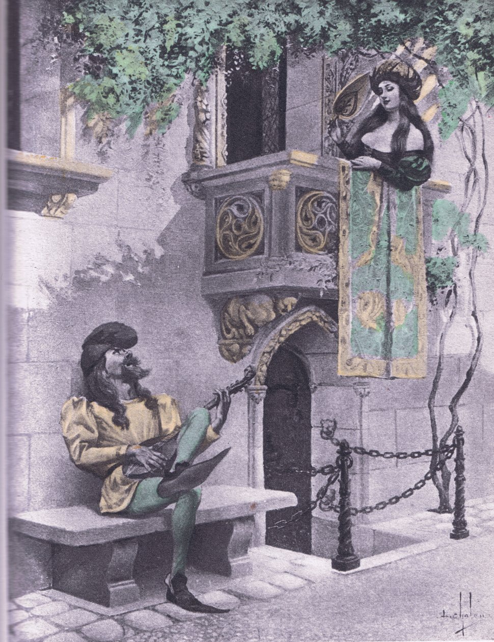O amante tolo, ilustração de Decameron de Boccaccio publicada pela Sociedade Navarra dos anos 30 (litho) de Louis Chalon