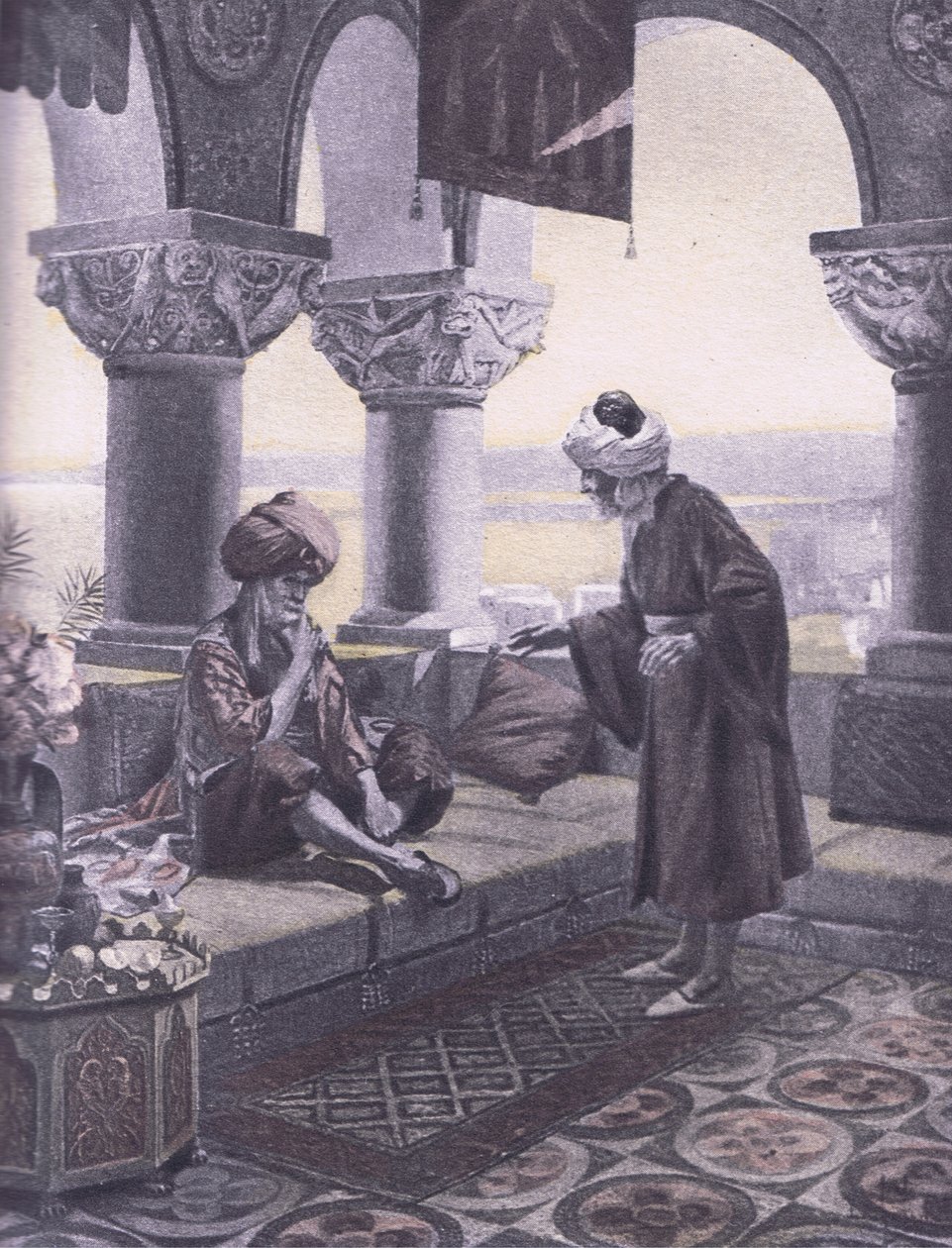 Os três anéis, ilustração de Decameron de Boccaccio publicada pela Sociedade Navarra dos anos 30 (litho) de Louis Chalon