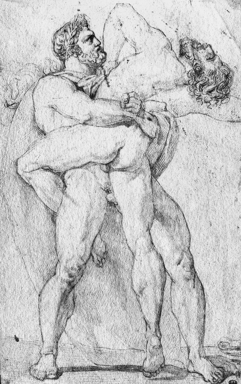 Hércules estrangulando Anteu (lápis de grafite sobre papel) de Louis Charles Auguste Couder