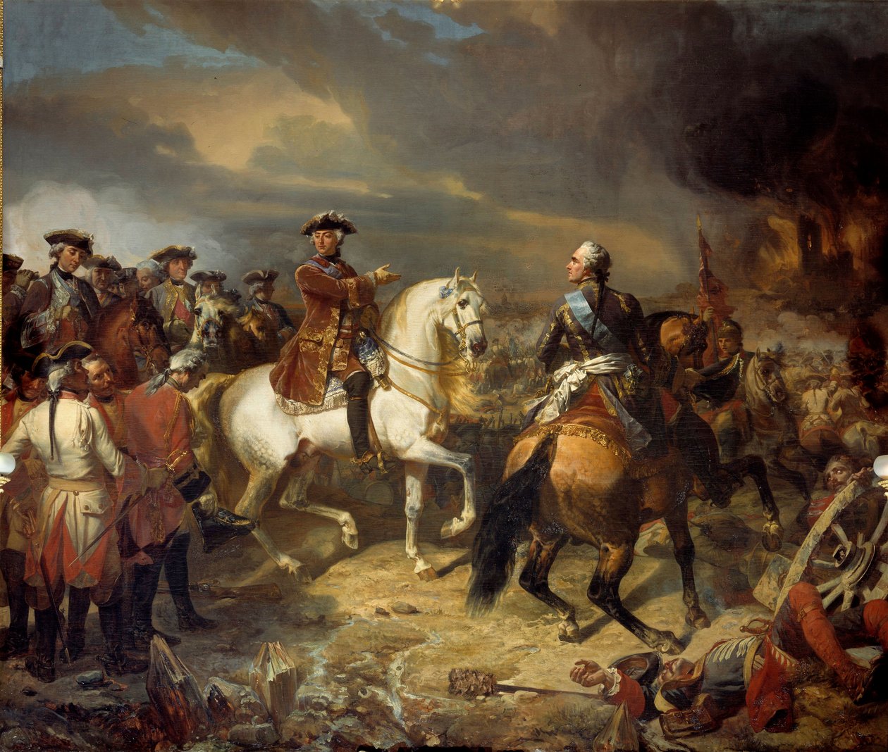 A Batalha de Lawfeld ganha pelo Marechal da Saxônia em 27/07/1747 O exército francês do Rei Luís XV venceu os britânicos do Duque de Cumberland. Pintura de Louis Charles Auguste Couder (1789-1873) 1836 Sun. 4,65x5,43 m - A Batalha de Lauffeld de Louis Charles Auguste Couder
