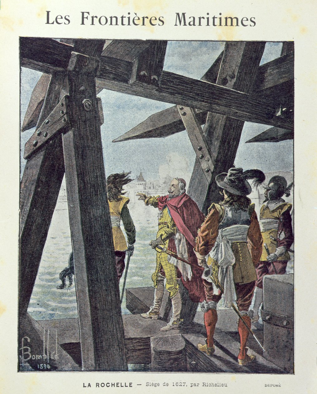 Armand-Jean du Plessis, Cardeal de Richelieu (1585-1642) no cerco de la Rochelle em 1627, capa do livro de exercícios escolares c. 1894 de Louis Charles Bombled
