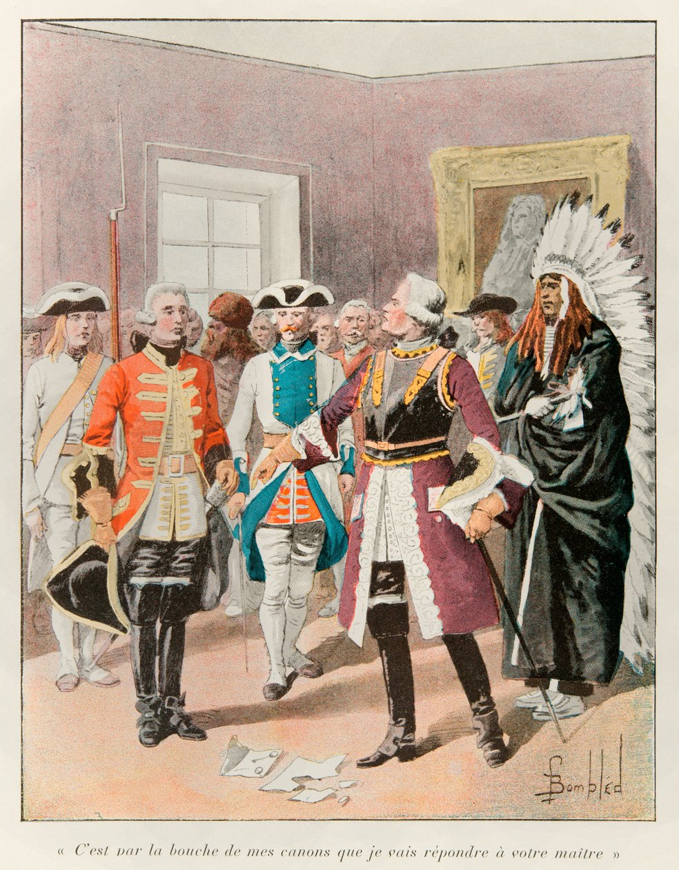 Louis bombardeado (1862 - 1927); Louis de Frontenac (1622-1698) recebendo o emissário inglês que o convocou para entregar a cidade de Quebec sem luta em 1690 respondeu-lhe "é pela boca das minhas armas que vou responder ao teu amo"; Histoire de la de Louis Charles Bombled