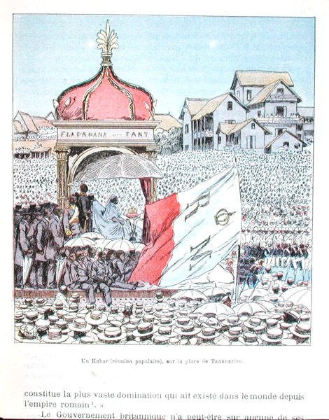 Festa reunida em Tananarive com a Rainha Ranavalona III (1862-1917), de "La guerre a Madagascar", final do século XIX (cor litho) de Louis Charles Bombled