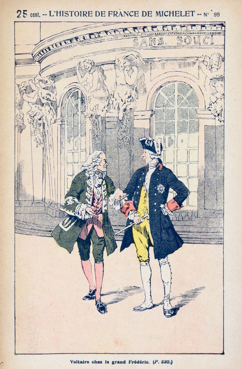 François Voltaire (1694-1778) com o rei Frederico II da Prússia (1712-86) em Sanssouci perto de Potsdam, de &39;Histoire de France&39; por Jules Michelet (1798-1874) c.1900 de Louis Charles Bombled