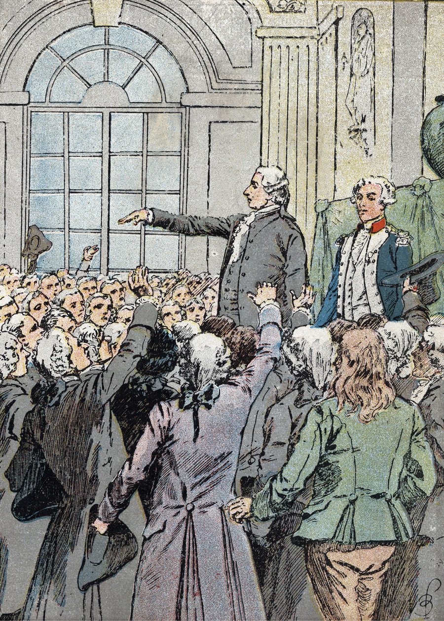 Revolução Francesa: "O deputado Jean Sylvain Bailly (1736-1793) foi eleito prefeito de Paris em 15/07/1789, na presença de La Fayette" (líder político Jean-Sylvain Bailly eleito prefeito de Paris em 15/07/1789) Ilustração de Louis Charles B de Louis Charles Bombled