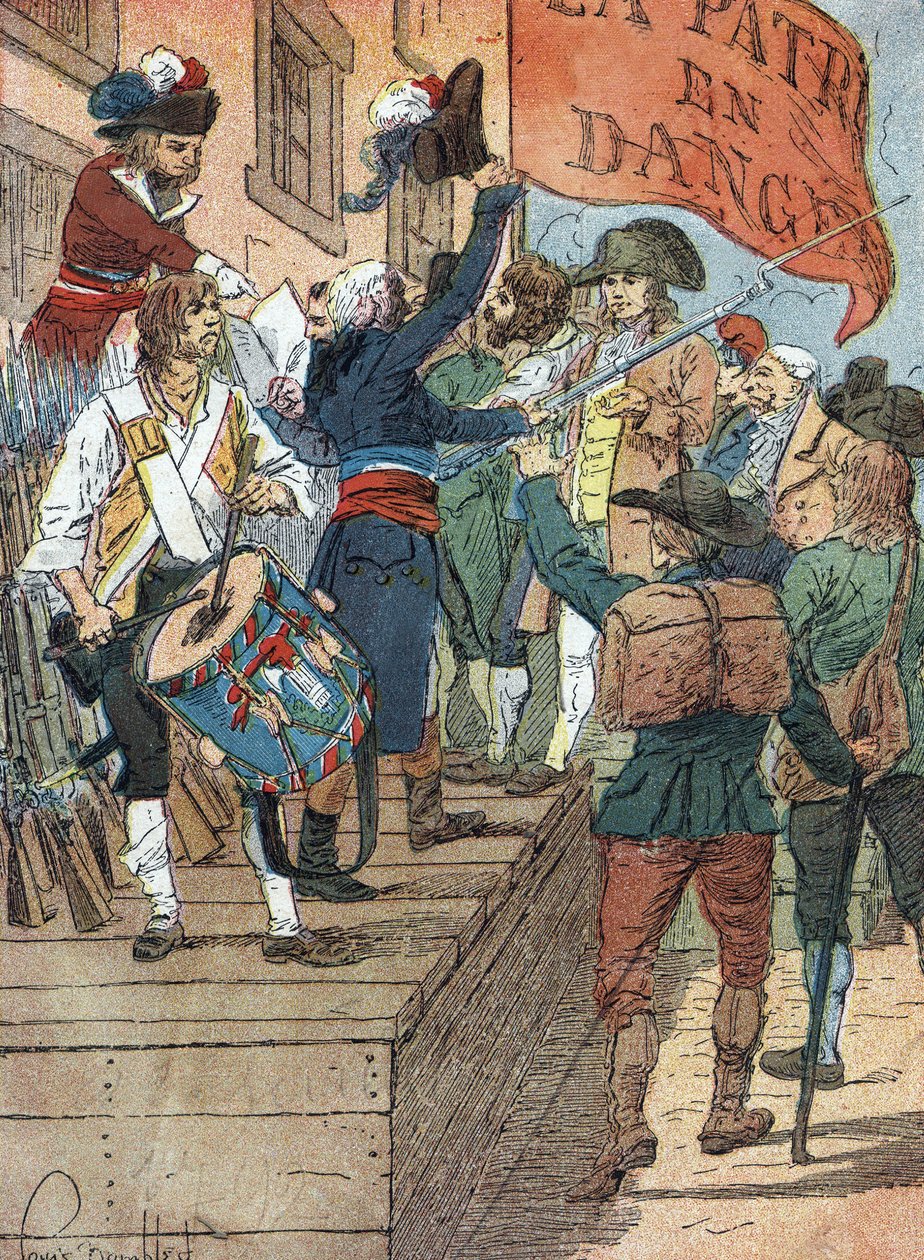 As guerras da Revolução Francesa: alistamentos voluntários após as derrotas da França na guerra entre a França revolucionária e as monarquias contra-revolucionárias, a assembleia francesa proclama o Perigo para a Pátria, 22 de Julho de 1792) Ilustração de  de Louis Charles Bombled