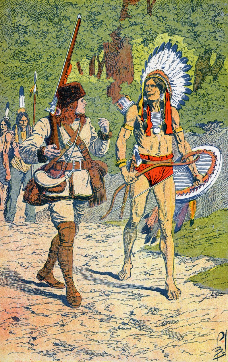 Caçadores franceses com índios na América de Louis Charles Bombled