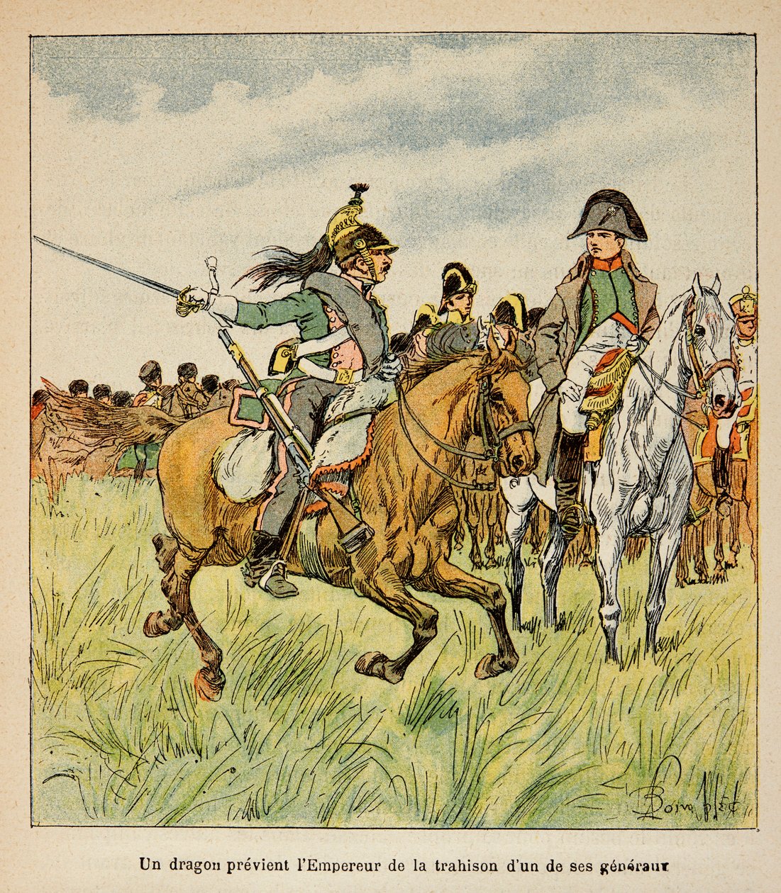 Ilustração de Bombled Louis (1862-1927) do Conde Emmanuel de Las Cases (1766-1842): um dragão avisa o imperador da traição de um de seus generais na Batalha de Waterloo em junho de 1815, Coleção Privada de Louis Charles Bombled
