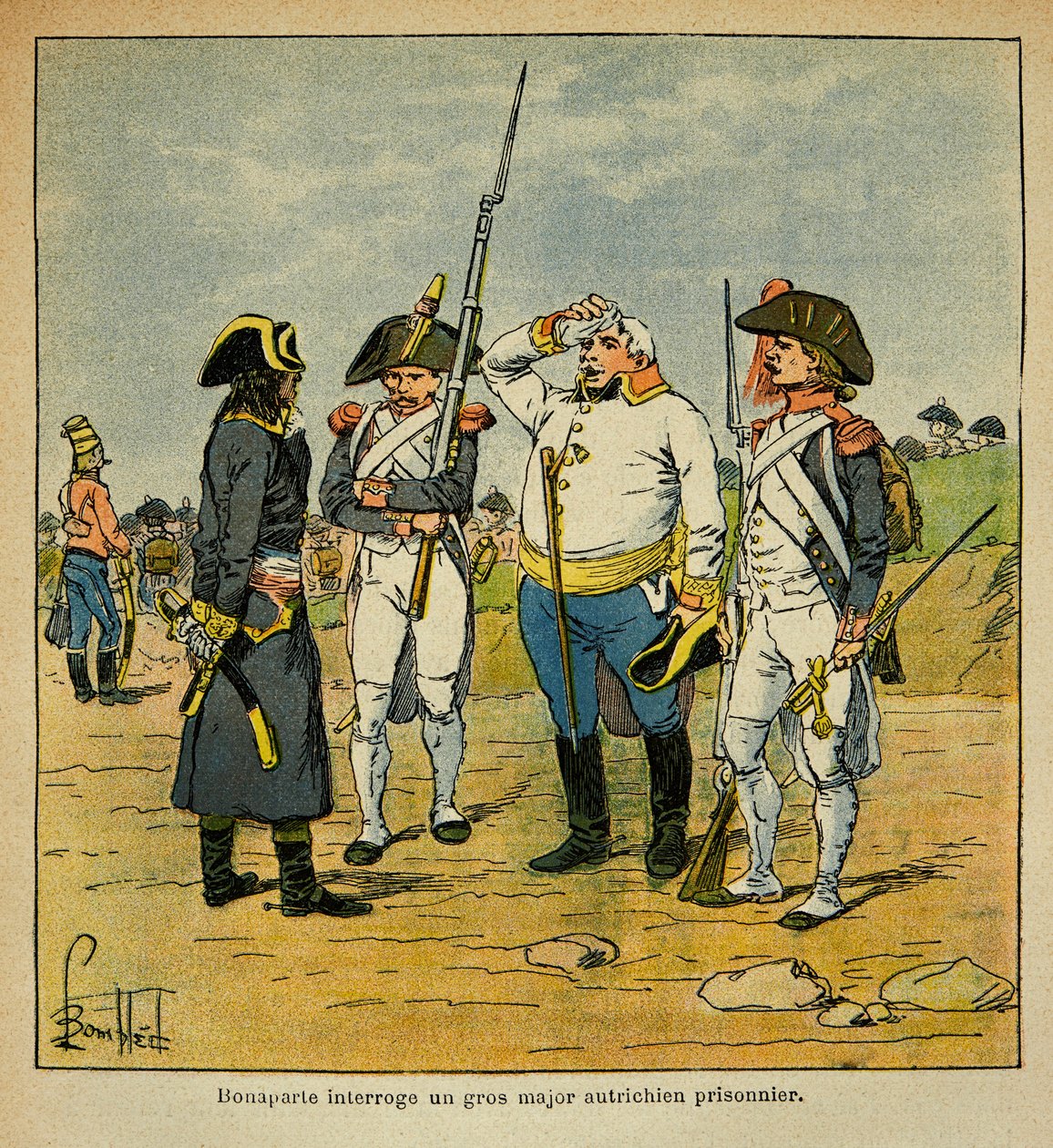 Ilustração de Bombled Louis (1862-1927) do Conde Emmanuel de Las Cases (1766-1842): Durante a campanha italiana, Bonaparte interroga um agente prisional austríaco, Private Collection de Louis Charles Bombled