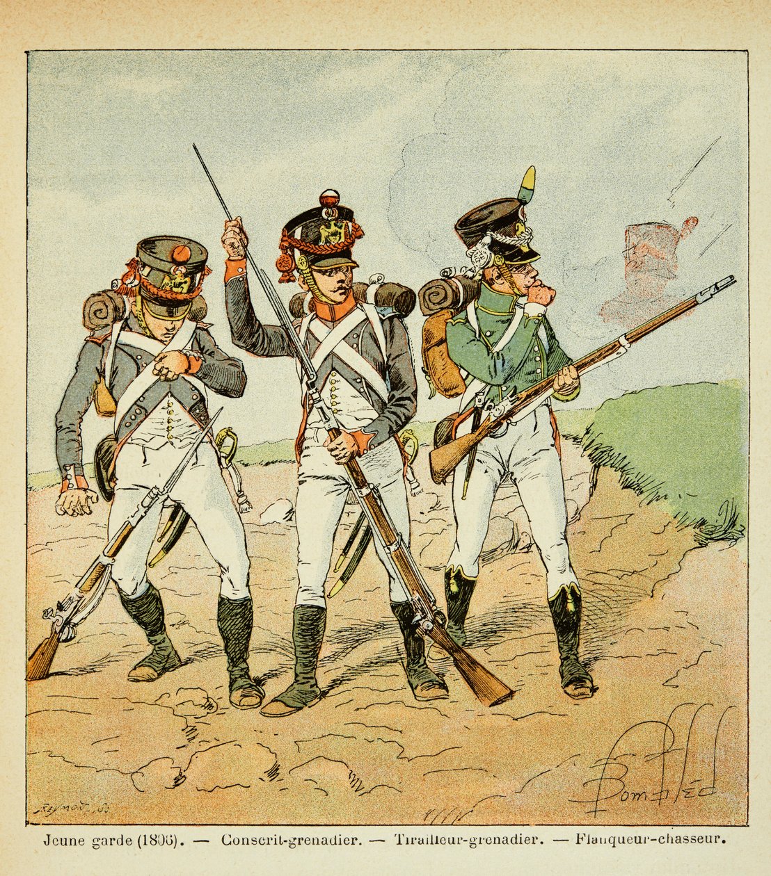 Ilustração de Bombled Louis (1862-1927) do livro "O Memorial de Santa Helena" do Conde Emmanuel de Las Cases (1766-1842): A Jovem Guarda de 1806: granadeiro recruta; granadeiro atirador e caçador de flancos, Coleção Particular de Louis Charles Bombled
