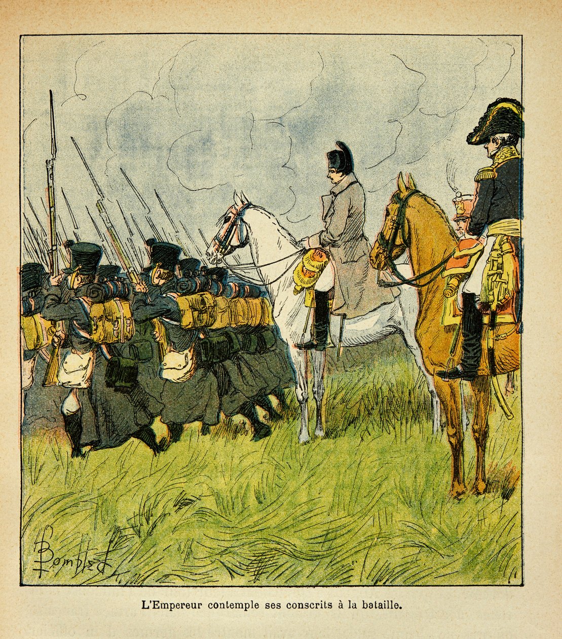 Ilustração de Bombled Louis (1862-1927) do livro "O Memorial de Santa Helena" do Conde Emmanuel de Las Cases (1766-1842): O Imperador Napoleão contempla seus conscritos durante uma batalha, Coleção Privada de Louis Charles Bombled