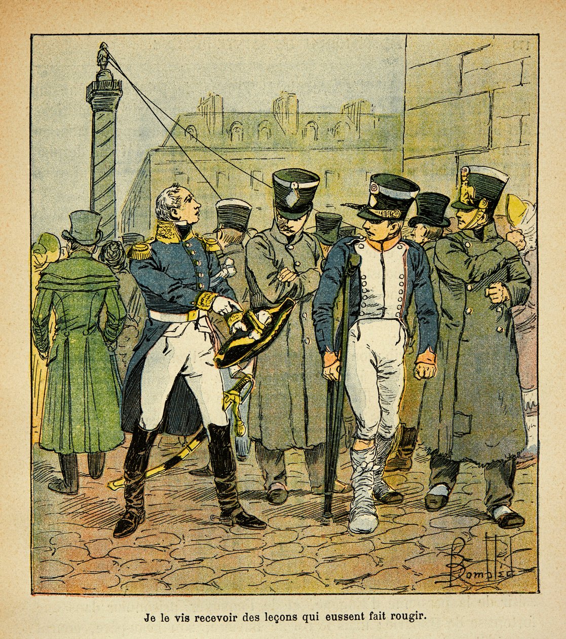 Ilustração de Bombled Louis (1862-1927) do livro "O Memorial de Santa Helena" do Conde Emmanuel de Las Cases (1766-1842): Um ex-oficial de Napoleão, em restauração, pede aos antigos recrutas que rejeitem o regime imperial, Coleção Parcial de Louis Charles Bombled