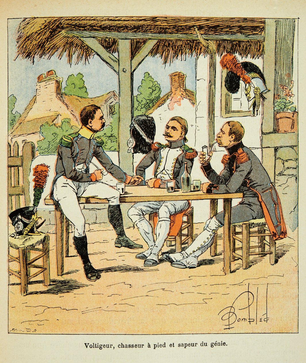 Ilustração de Bombled Louis (1862-1927) do livro "O Memorial de Santa Helena" do Conde Emmanuel de Las Cases (1766-1842): Armee Francaise: Voltigeur; caçador e sapeur do gênio, Coleção Privada de Louis Charles Bombled
