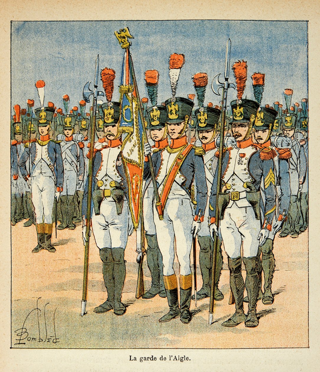Ilustração de Bombled Louis (1862-1927) do livro "O Memorial de Santa Helena" do Conde Emmanuel de Las Cases (1766-1842): A Guarda da Águia (criada por Napoleão para proteger a bandeira), Coleção Particular de Louis Charles Bombled