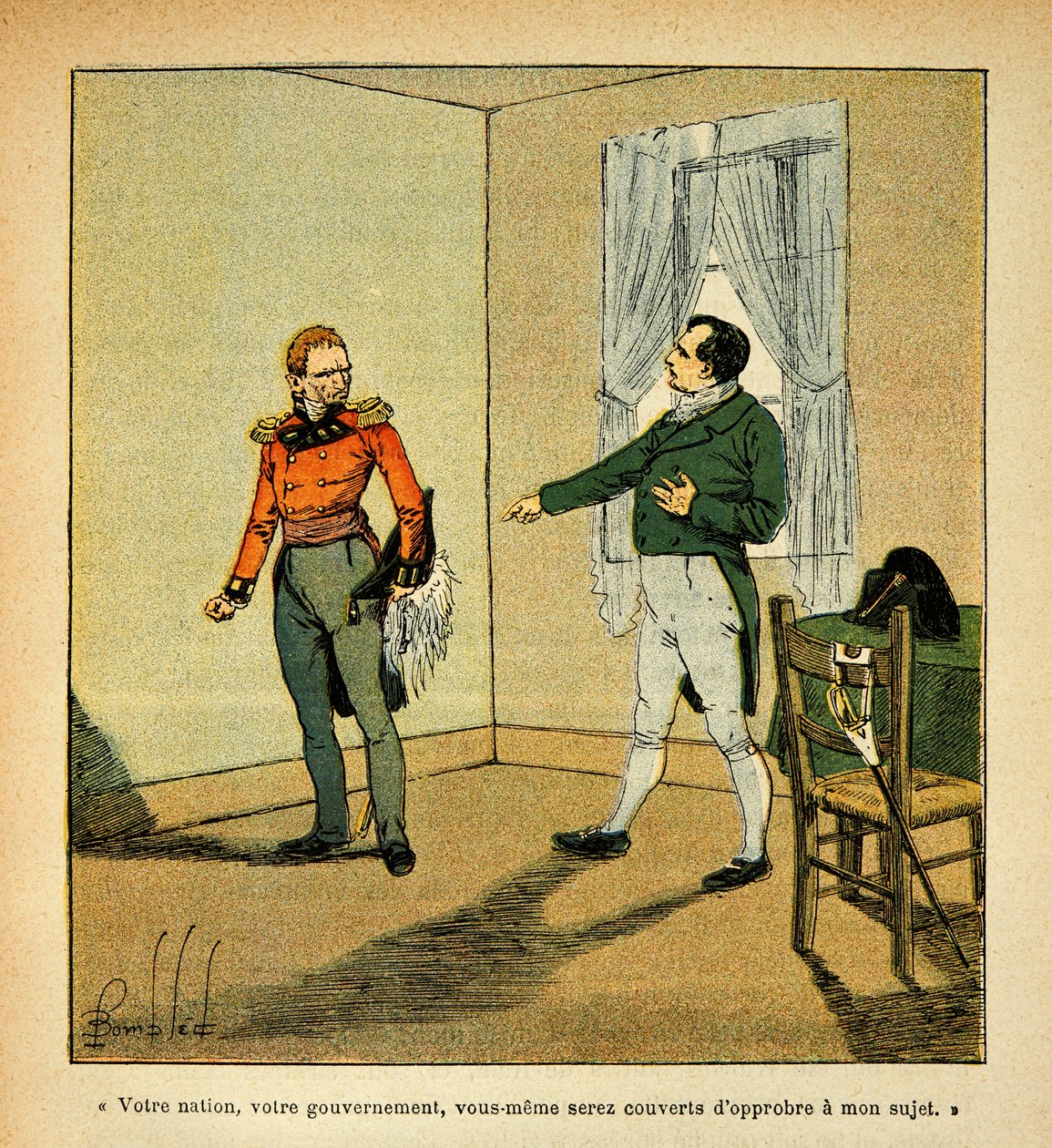 Ilustração de Bombled Louis (1862-1927) do livro "O Memorial de Santa Helena" do Conde Emmanuel de Las Cases (1766-1842): O Imperador Napoleão culpa o Governador Hudson Lowe (1769-1844) pelo seu comportamento para com ele, Coleção Parcial de Louis Charles Bombled