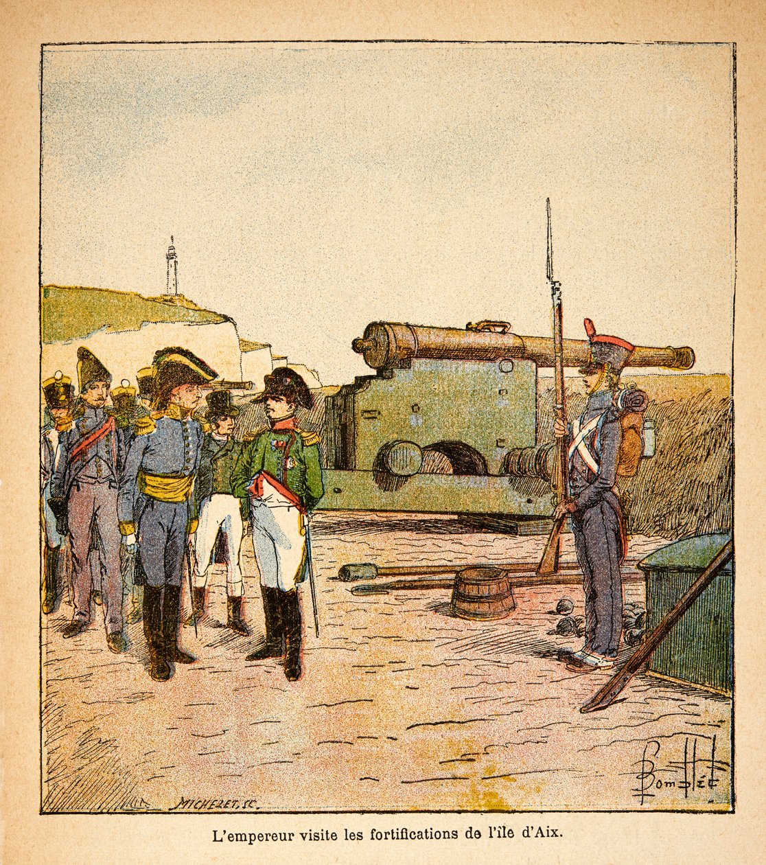 Ilustração de Bombled Louis (1862-1927) do livro "O Memorial de Santa Helena" do Conde Emmanuel de Las Cases (1766-1842): O Imperador Napoleão visita as fortificações da ilha de Aix após sua renúncia, Coleção Particular de Louis Charles Bombled