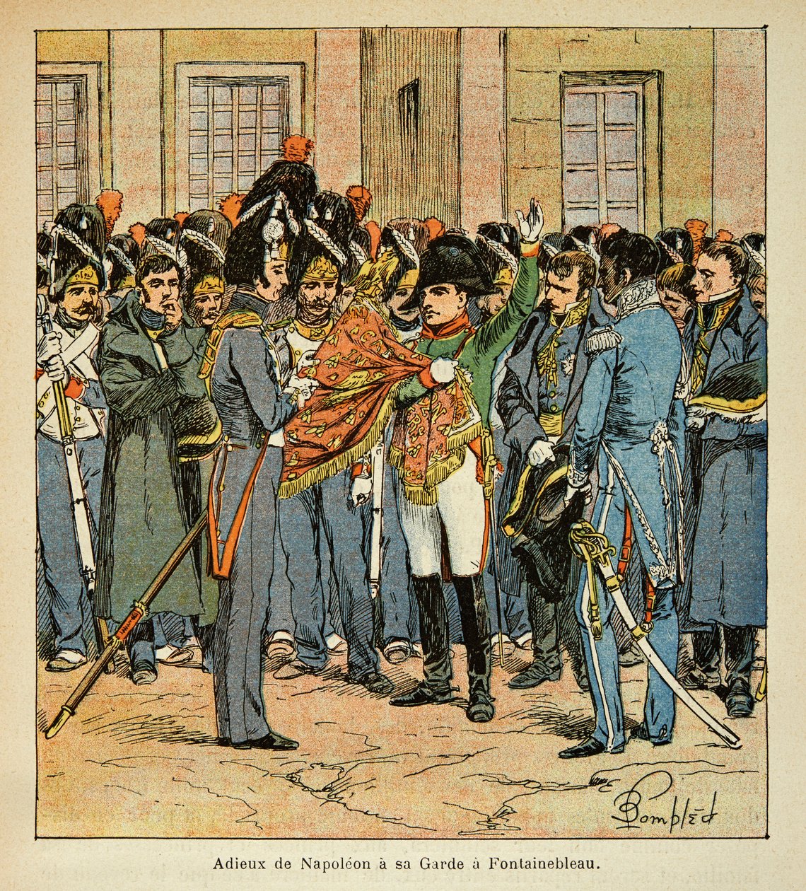 Ilustração de Bombled Louis (1862-1927) do livro "O Memorial de Santa Helena" do Conde Emmanuel de Las Cases (1766-1842): A despedida de Napoleão tem sua guarda em Fontainebleau, Coleção Privada de Louis Charles Bombled