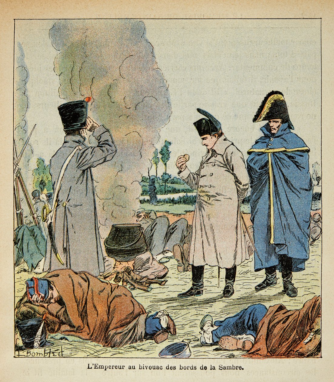 Ilustração de Bombled Louis (1862-1927) do livro "O Memorial de Santa Helena" do Conde Emmanuel de Las Cases (1766-1842): Napoleão durante um bivouac come o pão dos soldados, Coleção Privada de Louis Charles Bombled