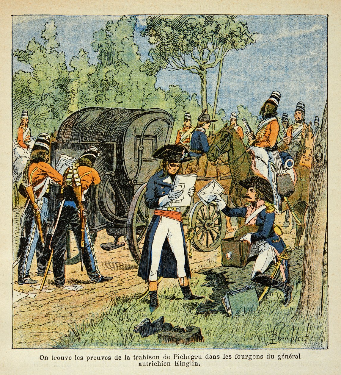 Ilustração de Bombled Louis (1862-1927) do livro "O Memorial de Santa Helena" do Conde Emmanuel de Las Cases (1766-1842): Durante a passagem do Reno, Moreau descobre a correspondência entre Pichegru e o Príncipe de Conde nas vans de de Louis Charles Bombled