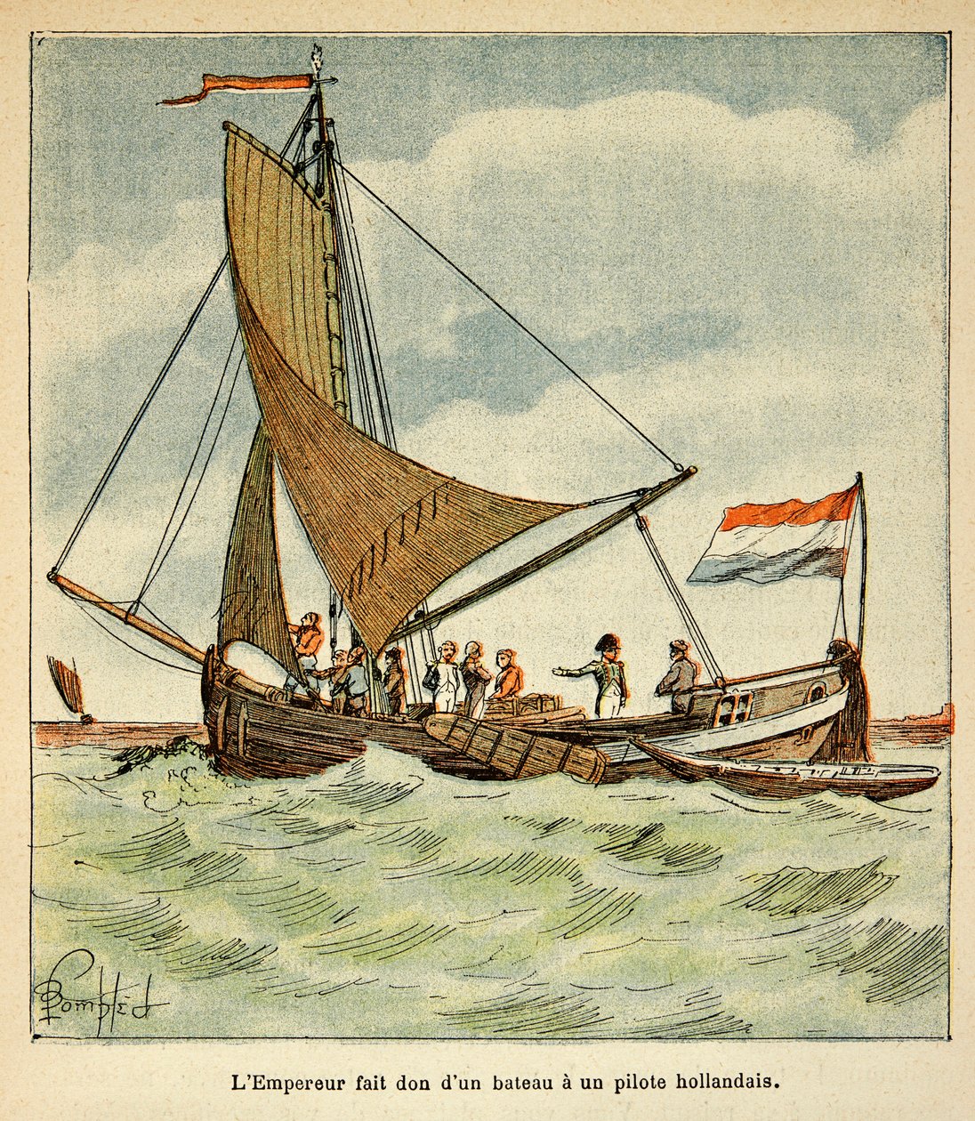 Ilustração de Bombled Louis (1862-1927) do livro "O Memorial de Santa Helena" do Conde Emmanuel de Las Cases (1766-1842): Napoleão doou um barco a um piloto holandês durante sua visita à Holanda de Louis Charles Bombled