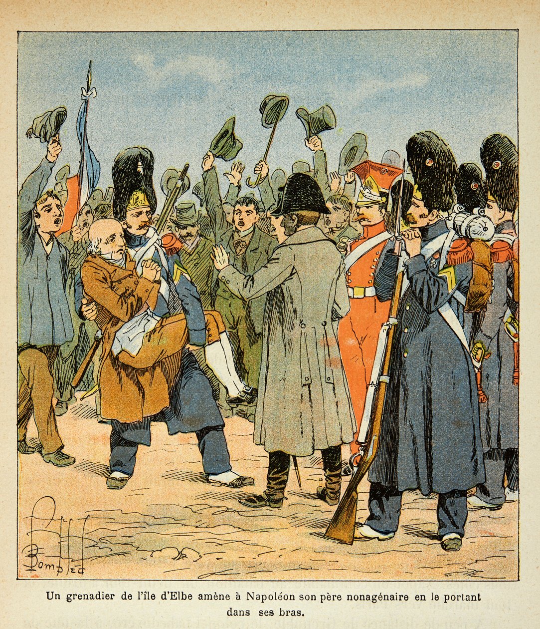 Ilustração de Bombled Louis (1862-1927) do livro "O Memorial de Santa Helena" do Conde Emmanuel de Las Cases (1766-1842): Um granadeiro traz seu pai nãoagenário a Napoleão carregando-o em seus braços ao voltar da ilha de Elba, soldado Col de Louis Charles Bombled