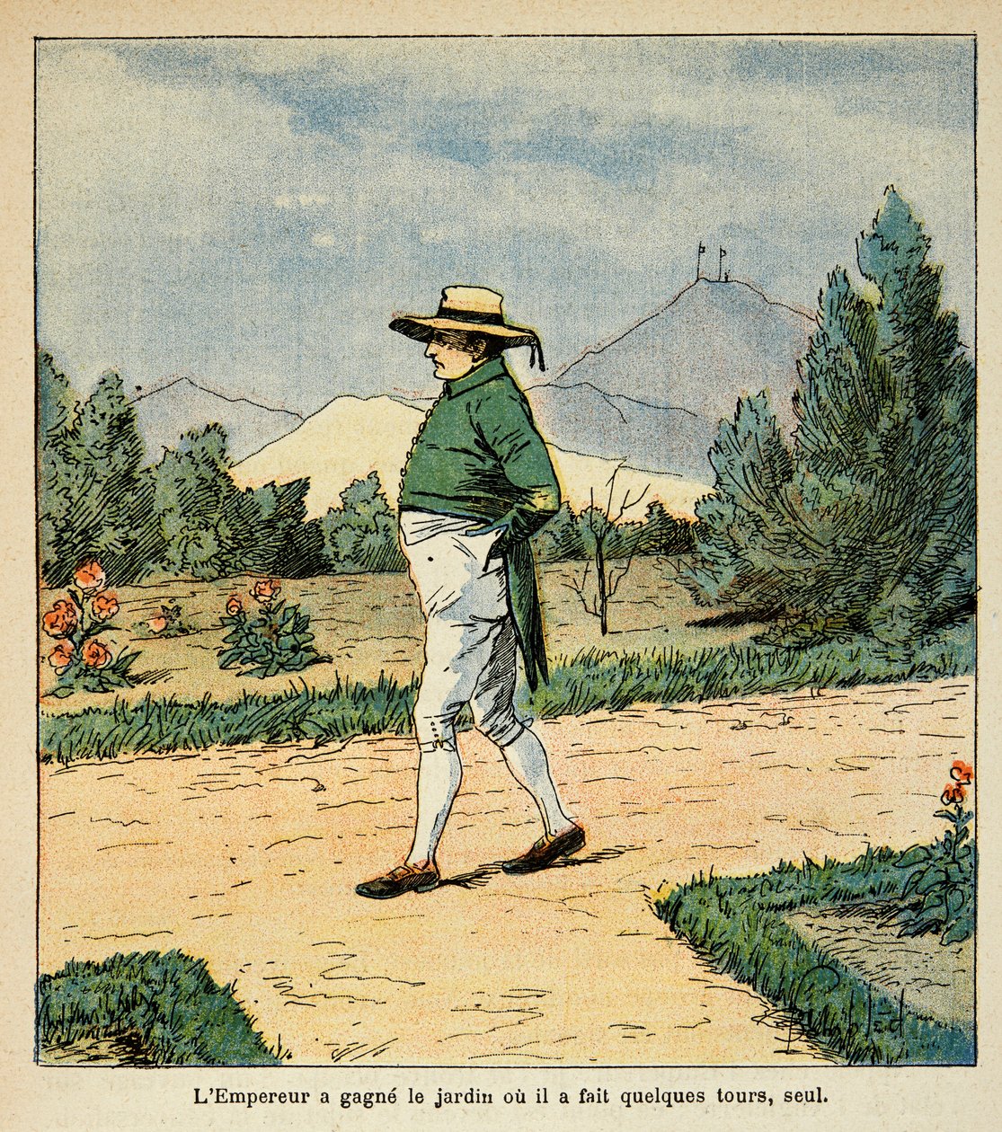 Ilustração de Bombled Louis (1862-1927) do livro "O Memorial de Santa Helena" do Conde Emmanuel de Las Cases (1766-1842): O Imperador Napoleão caminha em seu jardim em Santa Helena em setembro de 1816, Coleção Particular de Louis Charles Bombled