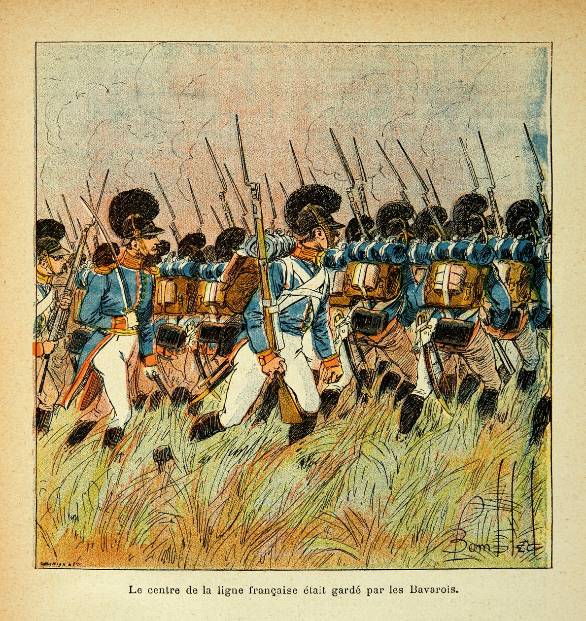 Ilustração de Bombled Louis (1862-1927) do livro "O Memorial de Santa Helena" do Conde Emmanuel de Las Cases (1766-1842): Armee bávara integrada à Armee de Napoleão, Coleção Particular de Louis Charles Bombled