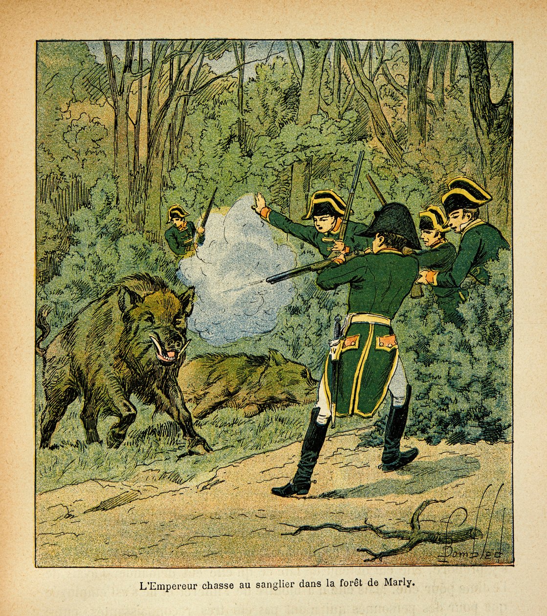 Ilustração de Bombled Louis (1862-1927) do livro "O Memorial de Santa Helena" do Conde Emmanuel de Las Cases (1766-1842): O Imperador Napoleão caça o javali na floresta de Marly, Coleção Particular de Louis Charles Bombled