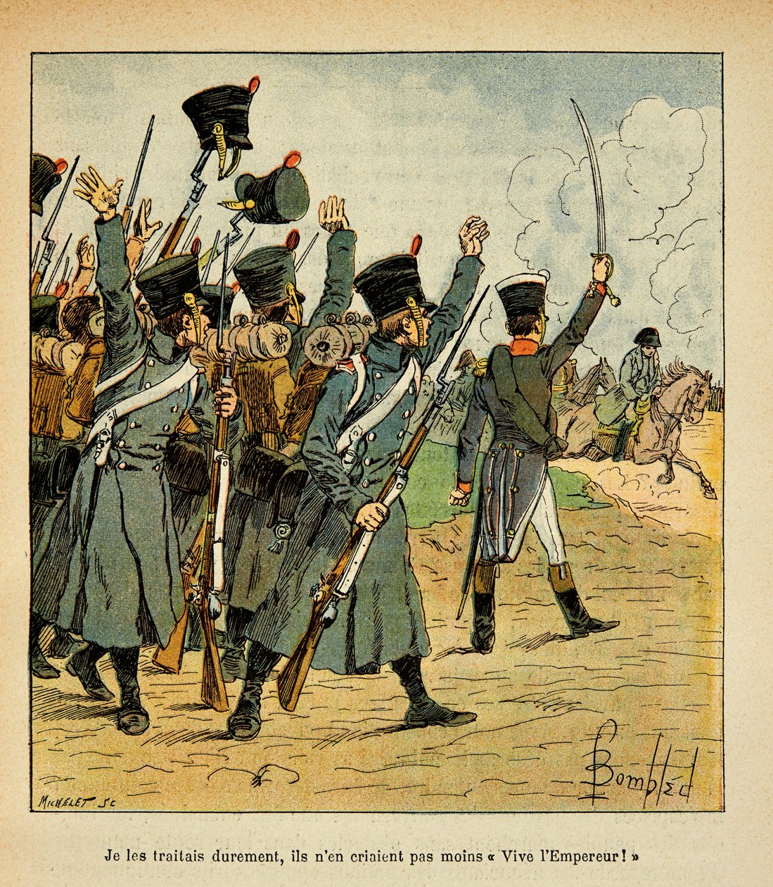 Ilustração de Bombled Louis (1862-1927) do livro "O Memorial de Santa Helena" do Conde Emmanuel de Las Cases (1766-1842): As Tropas Aclamam o Imperador Napoleão, Coleção Particular de Louis Charles Bombled